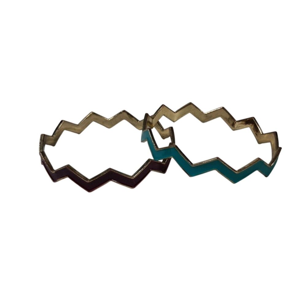 Blue and Purple Enamel Gold Tone Metal Zig Zag Chevron Set of 2 Bangle Bracelets